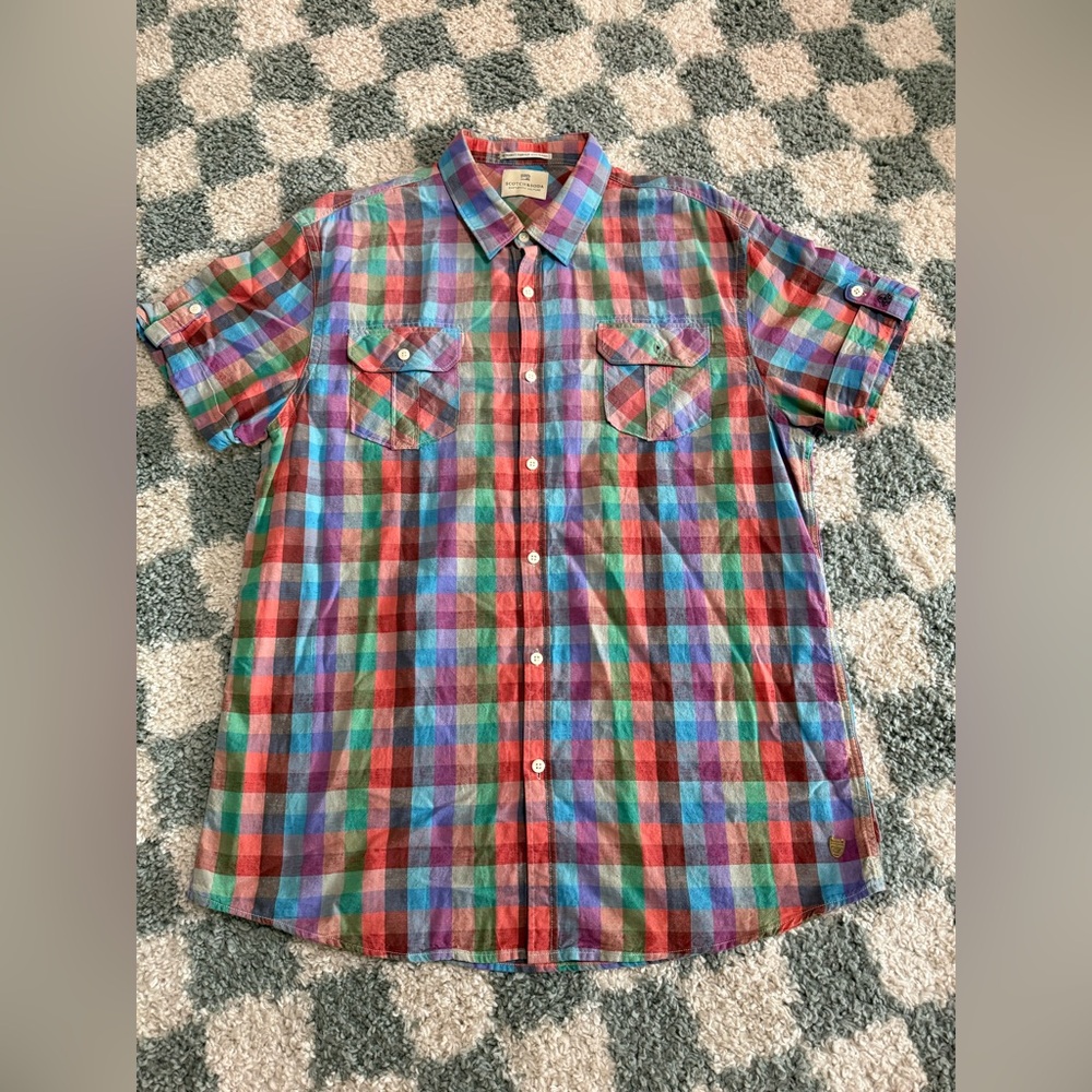 SCOTCH AND SODA cotton and linen plaid colorful short sleeve button down shirt